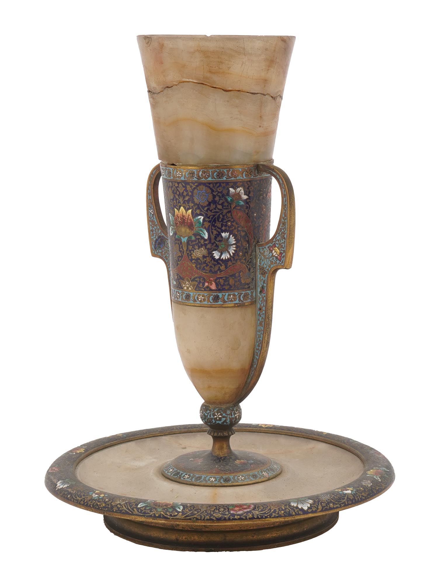 FRENCH CLOISONNE ENAMEL ONYX KIDDUSH CUP W STAND PIC-1